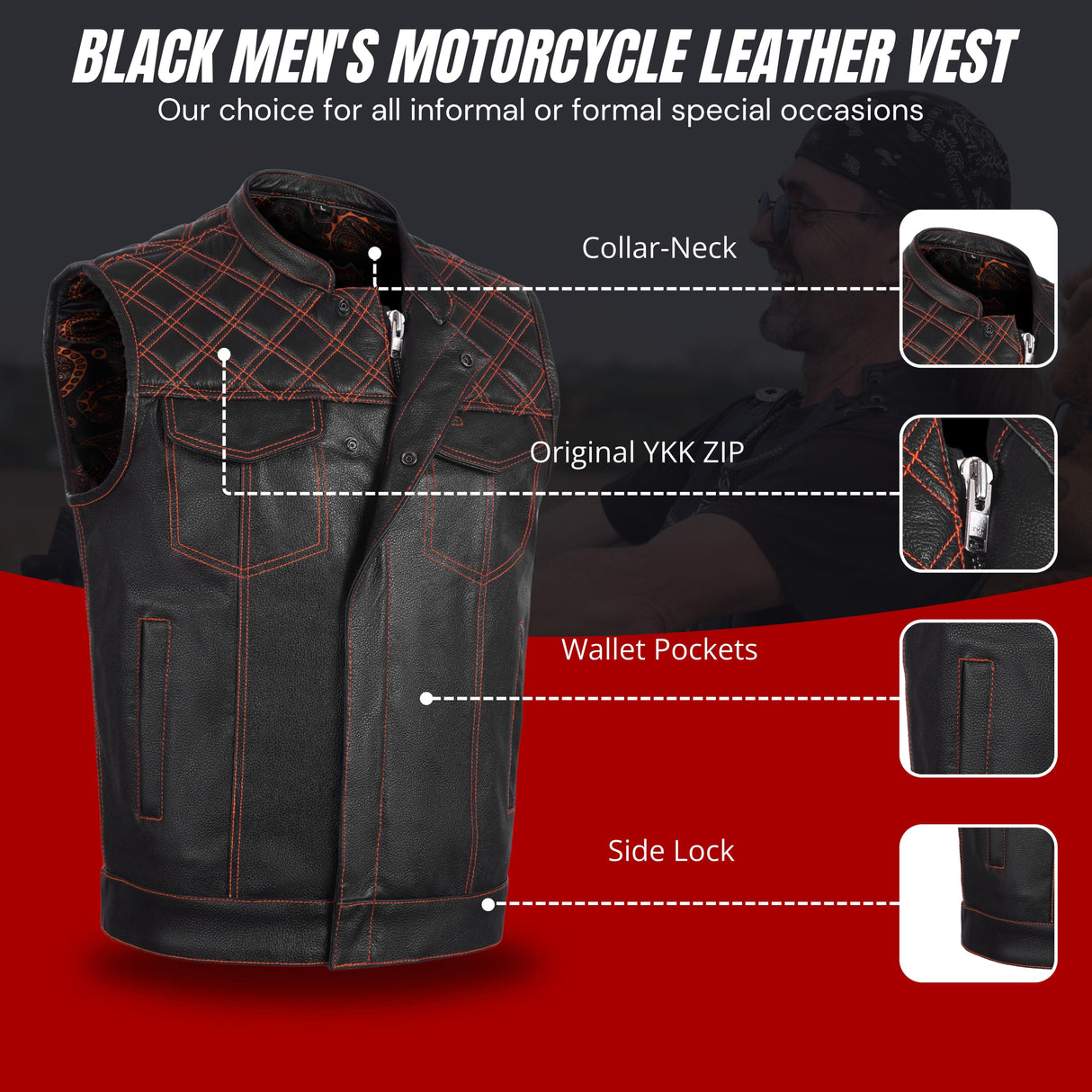 Men's Orange Cross Stitch Club Leather Cow Platted Milled Leather Vest