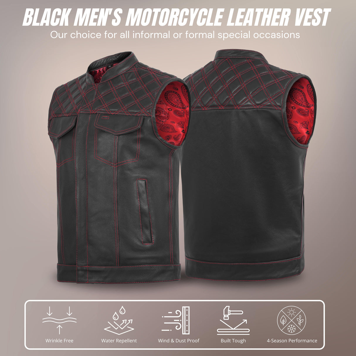Men's Red Cross Stitch Club Style Cow Natural Leather Vest