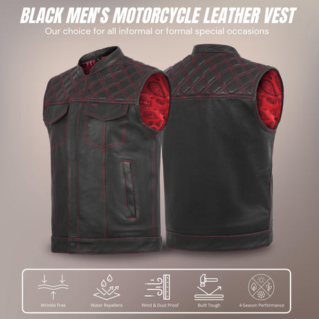 RED FIMWC396-QLT | Downside - Men's Club Style Leather Vest - Black/Red - Men Leather Vests - Front View