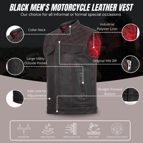 RED FIMWC396-QLT | Downside - Men's Club Style Leather Vest - Black/Red - Men Leather Vests - Back View