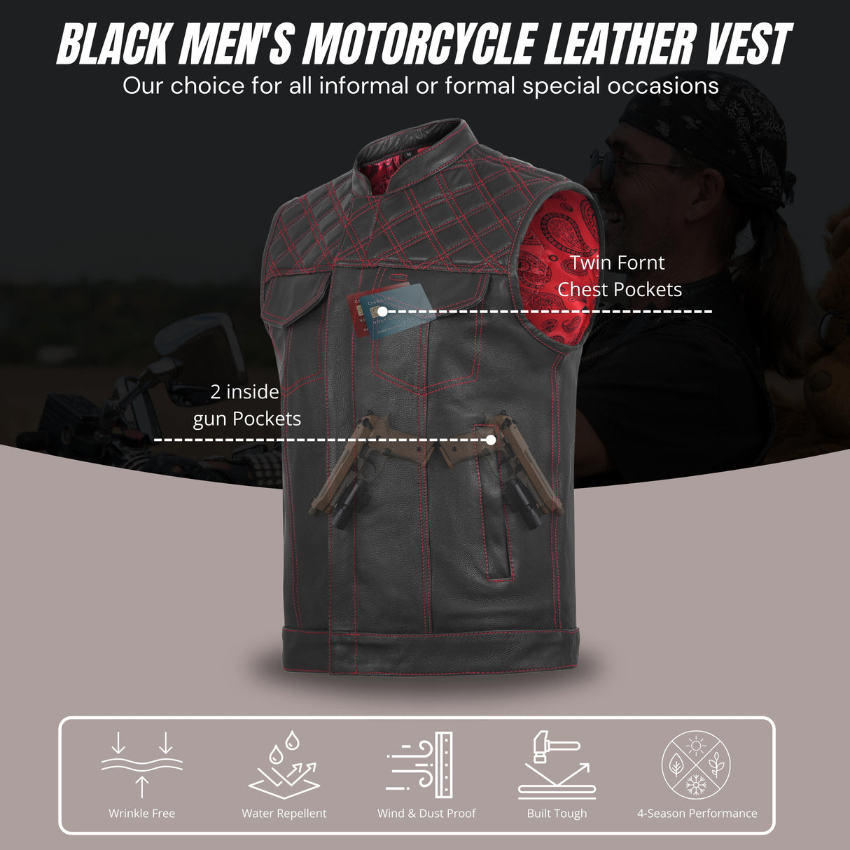 Men's Red Cross Stitch Club Style Cow Natural Leather Vest