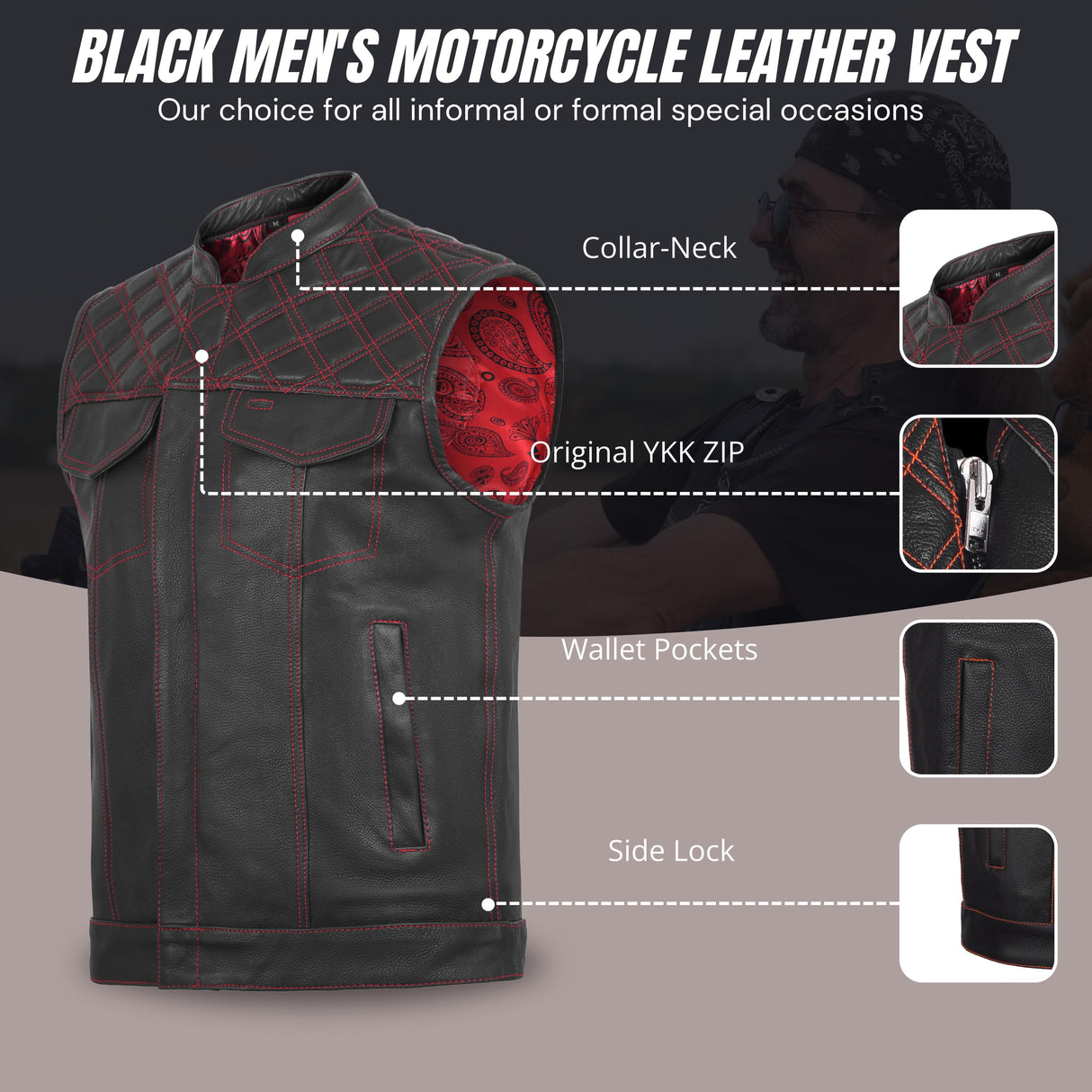 Men's Red Cross Stitch Club Style Cow Natural Leather Vest