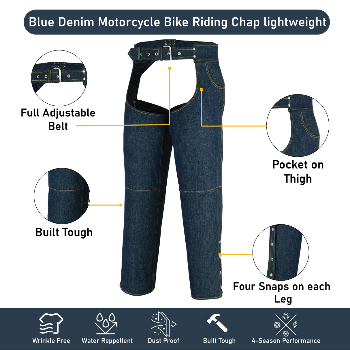 Blue Denim Lightweight Motorcycle Style Riding Chap
