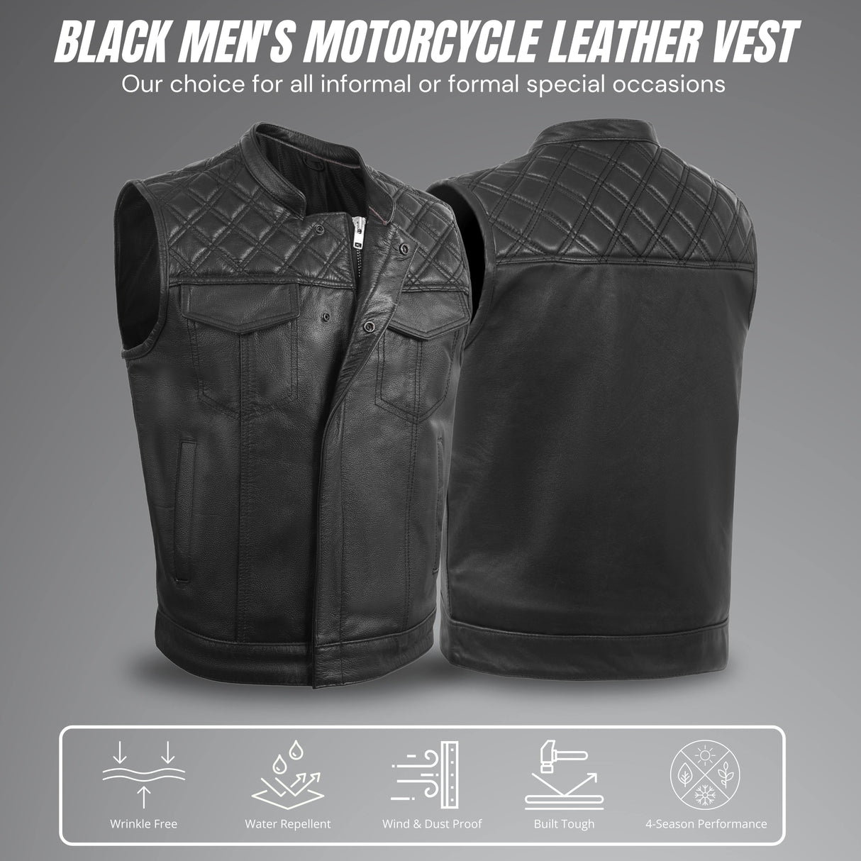Men's Black Cross stitch Club Style Cow Platted Milled Leather Vest.