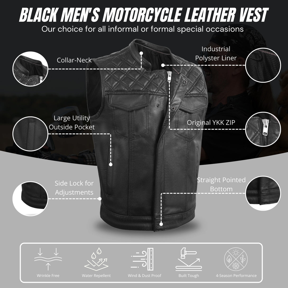 Men's Black Cross stitch Club Style Cow Platted Milled Leather Vest.