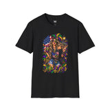 Black T-shirt featuring a colorful Mardi Gras queen with American flag graphic on front.