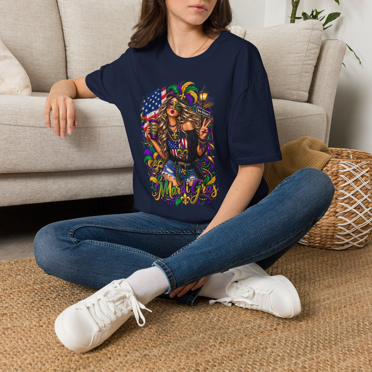 Navy T-shirt with Mardi Gras queen graphic and American flag detail