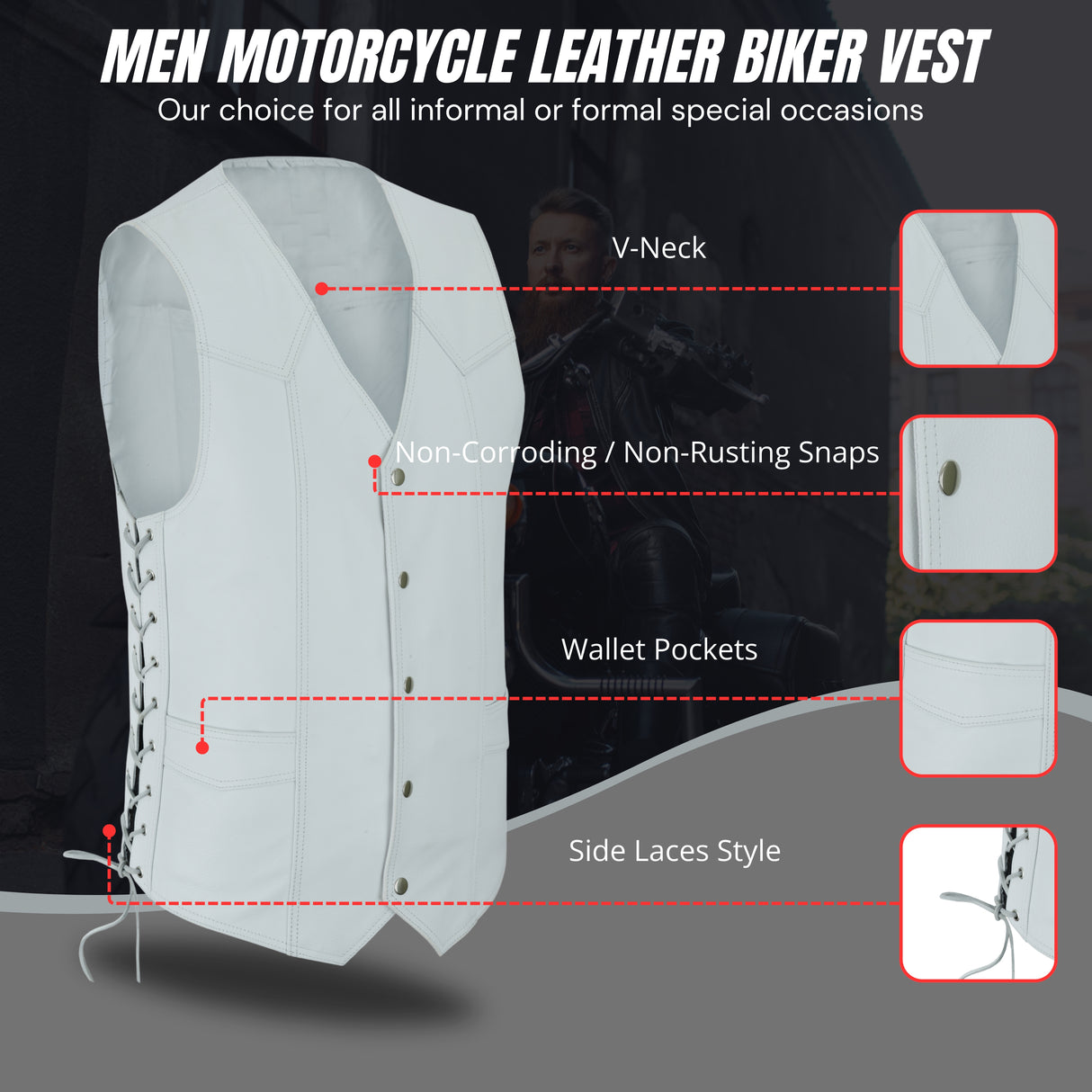 Men's White Side Lace Leather Traditional style Vest.