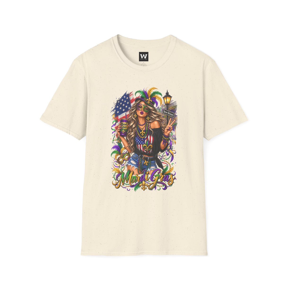 Cream T-shirt with colorful Mardi Gras queen, American flag, and Mardi Gras text