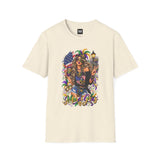 Cream T-shirt with colorful Mardi Gras queen, American flag, and Mardi Gras text