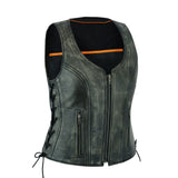 Women's Distressed Grey ‘Open Neck’ Motorcycle Side Laces Leather Vest