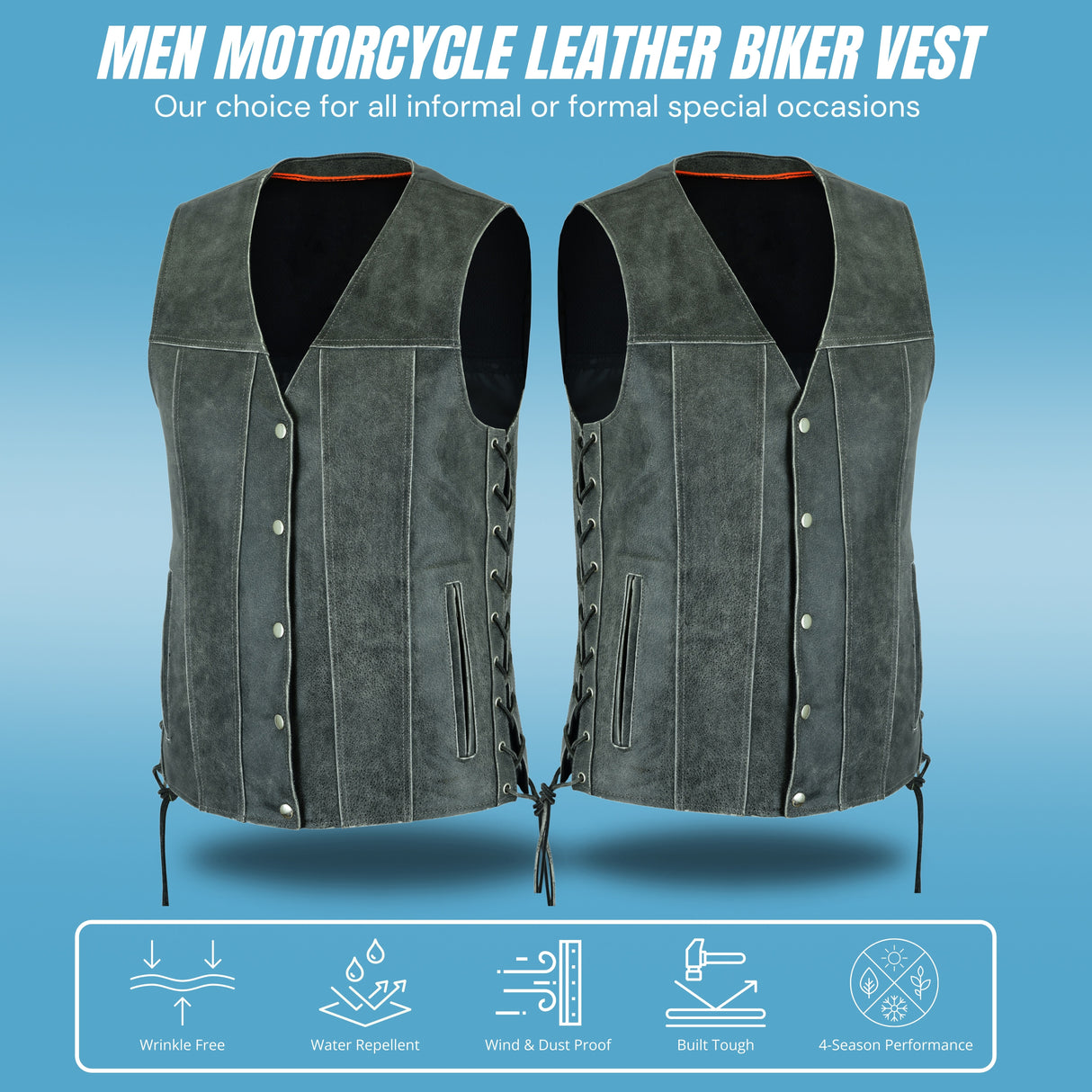 Men Side Lace Grey Leather Vest-Straight Bottom Inside Gun Pocket Leather Vest