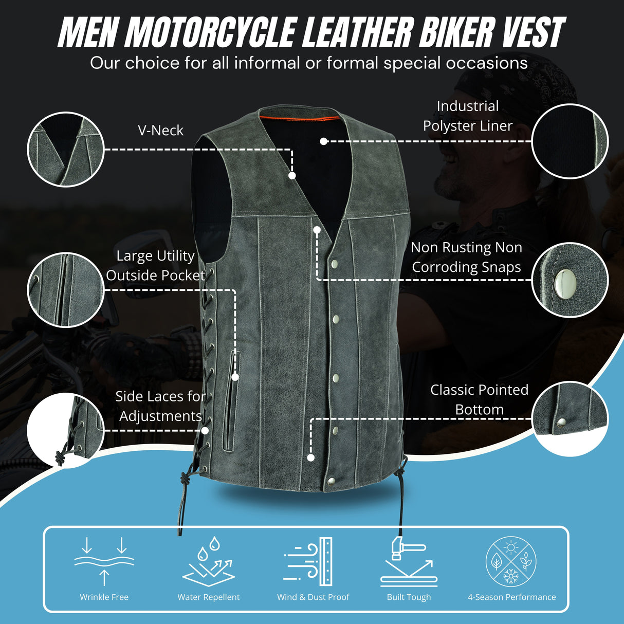 Men Side Lace Grey Leather Vest-Straight Bottom Inside Gun Pocket Leather Vest
