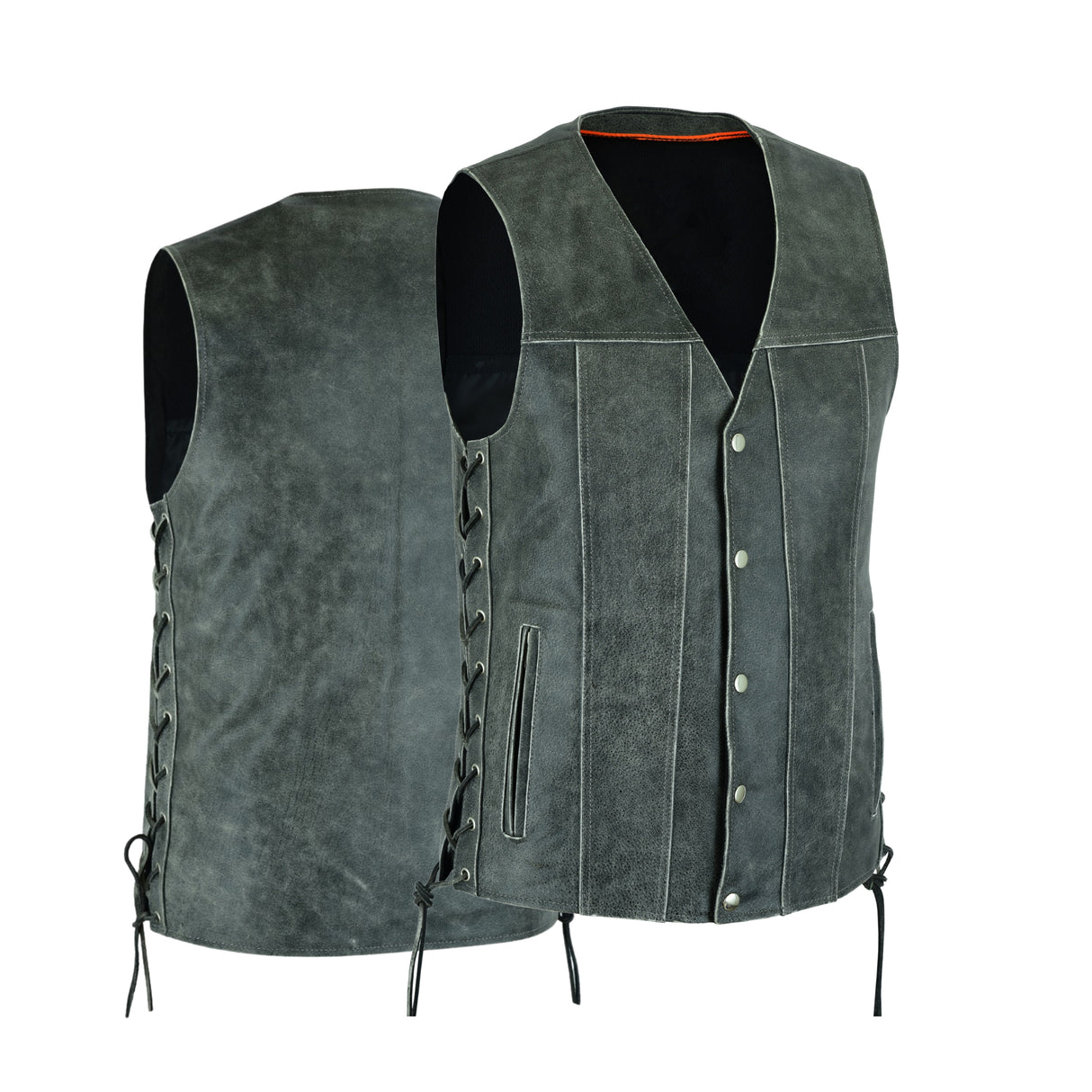 Men Side Lace Grey Leather Vest-Straight Bottom Inside Gun Pocket Leather Vest