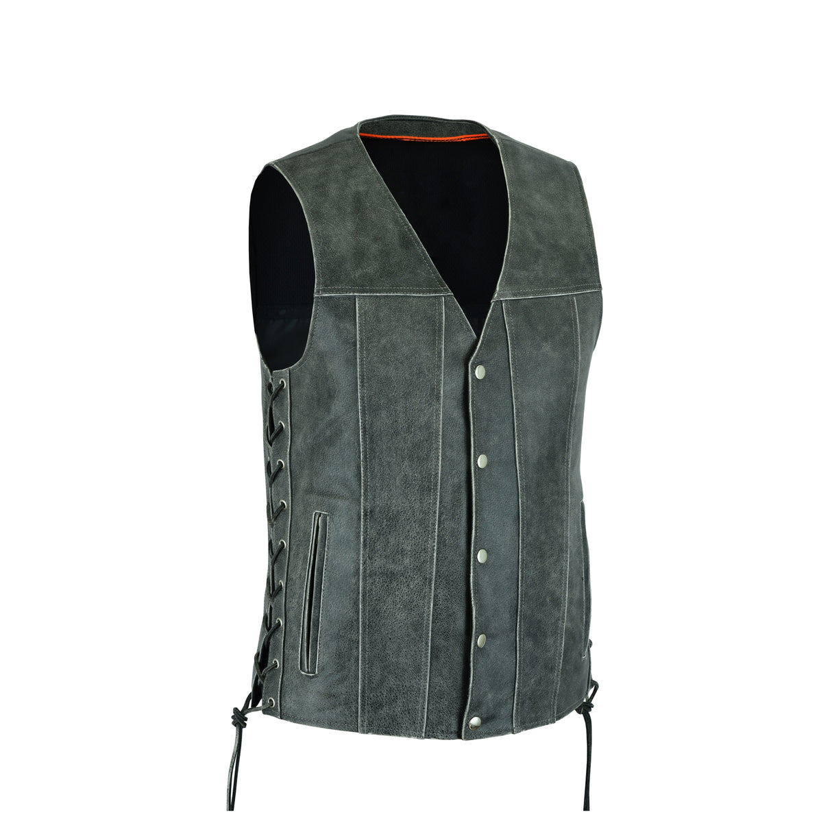 Men Side Lace Grey Leather Vest-Straight Bottom Inside Gun Pocket Leather Vest