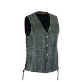 Men Side Lace Grey Leather Vest-Straight Bottom Inside Gun Pocket Leather Vest