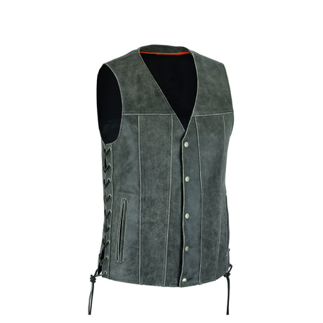 Men Side Lace Grey Leather Vest-Straight Bottom Inside Gun Pocket Leather Vest