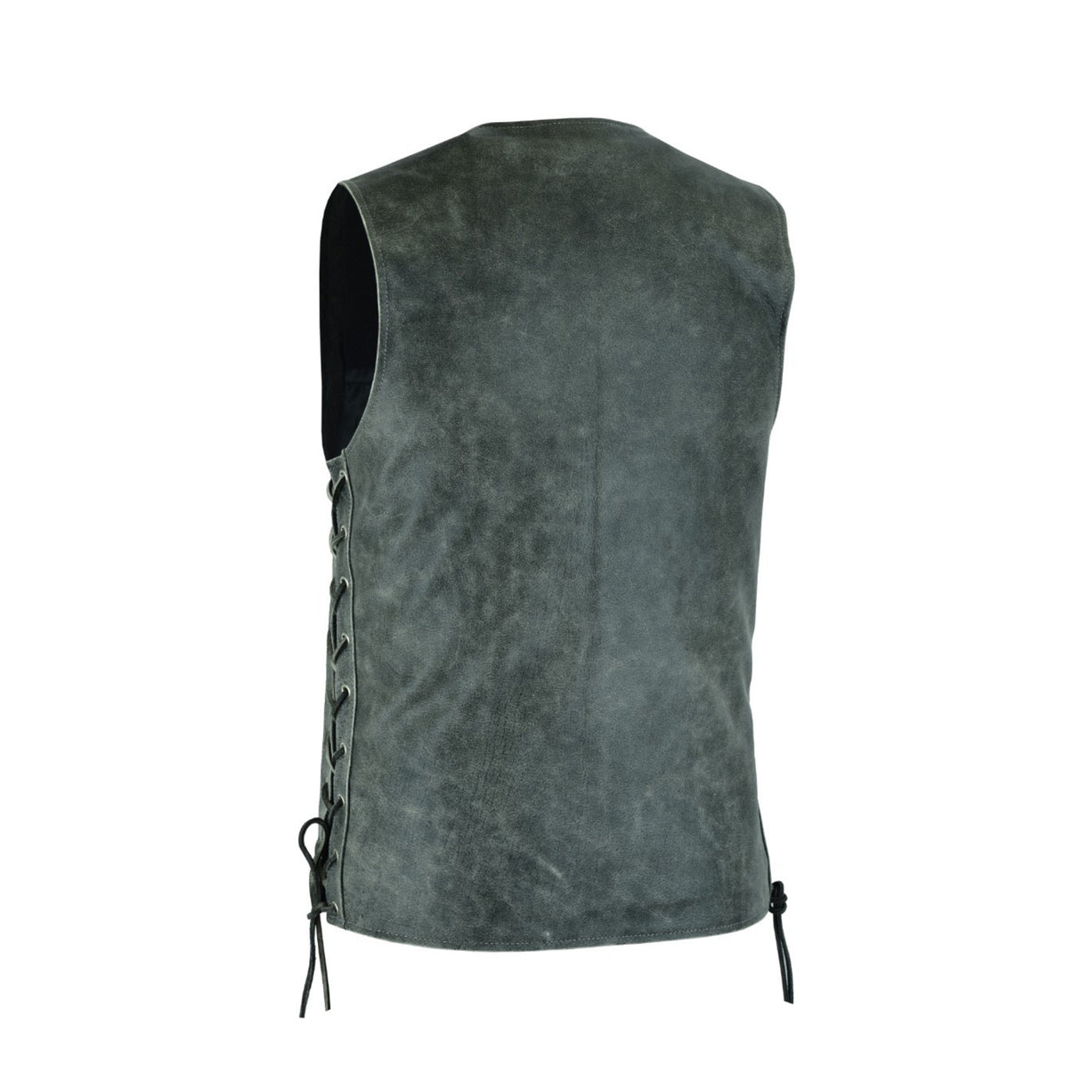 Men Side Lace Grey Leather Vest-Straight Bottom Inside Gun Pocket Leather Vest