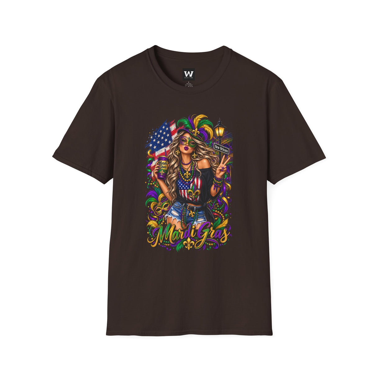 Dark brown T-shirt with colorful Mardi Gras queen and American flag, lantern details