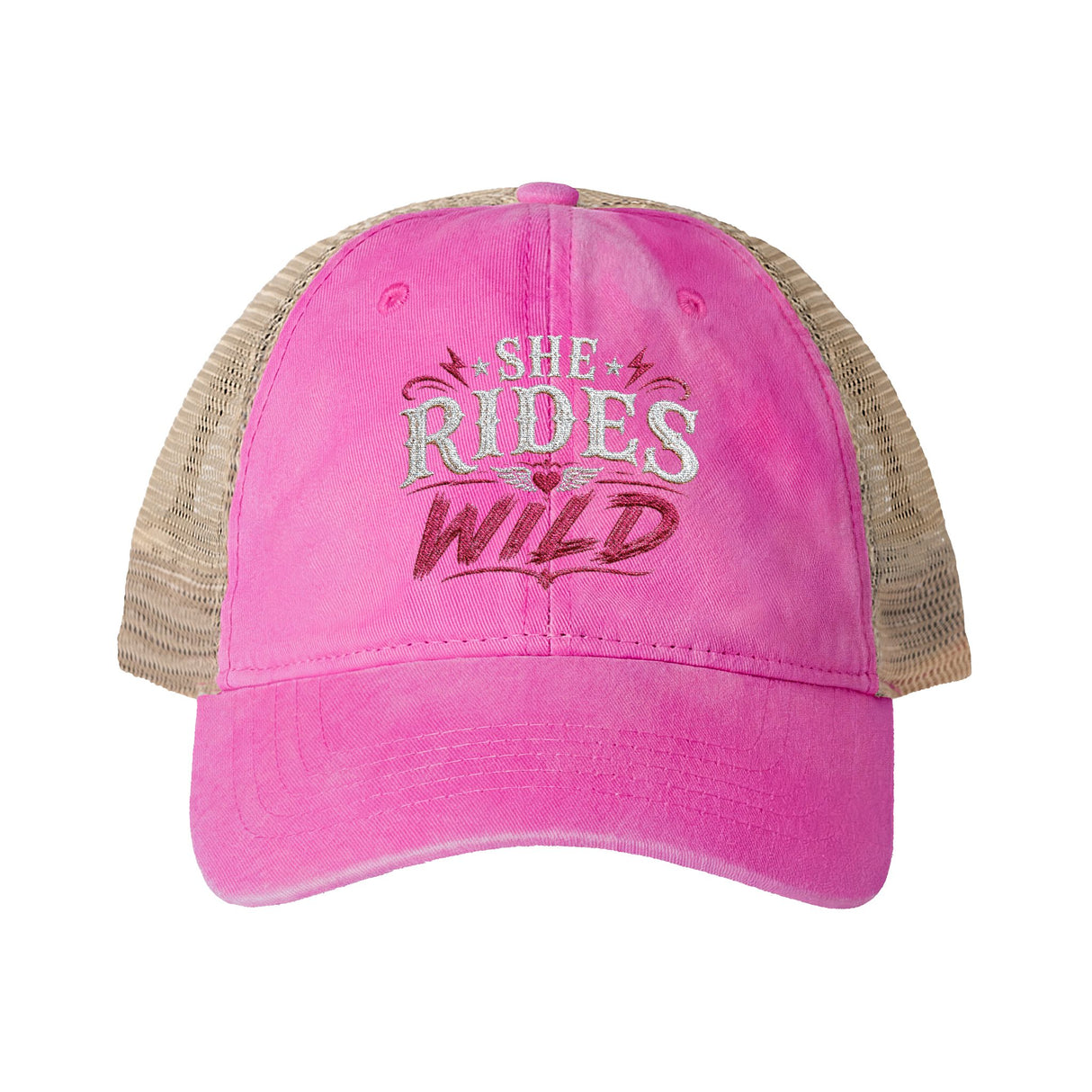 Women's Washed Mesh-Back Cap She Rides Wild Embroidered