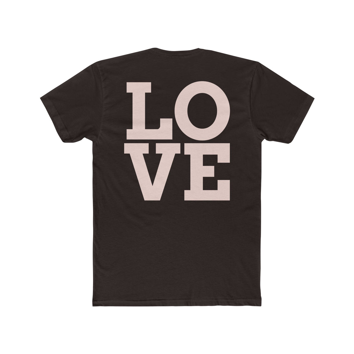 Black crew tee with large “LOVE” block graphic on the front
