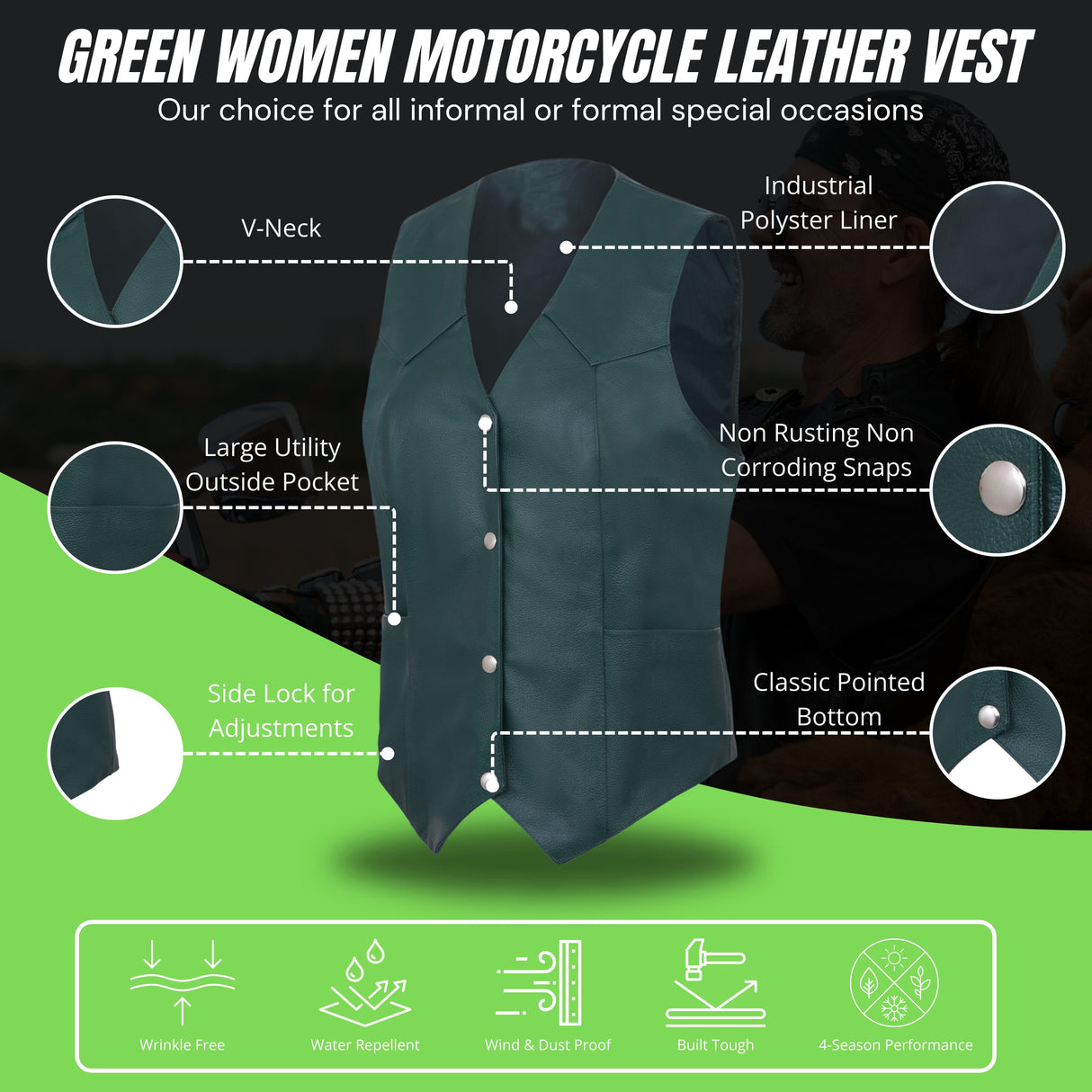 Ladies Women soft green leather biker motorcycle vest concealed carry style