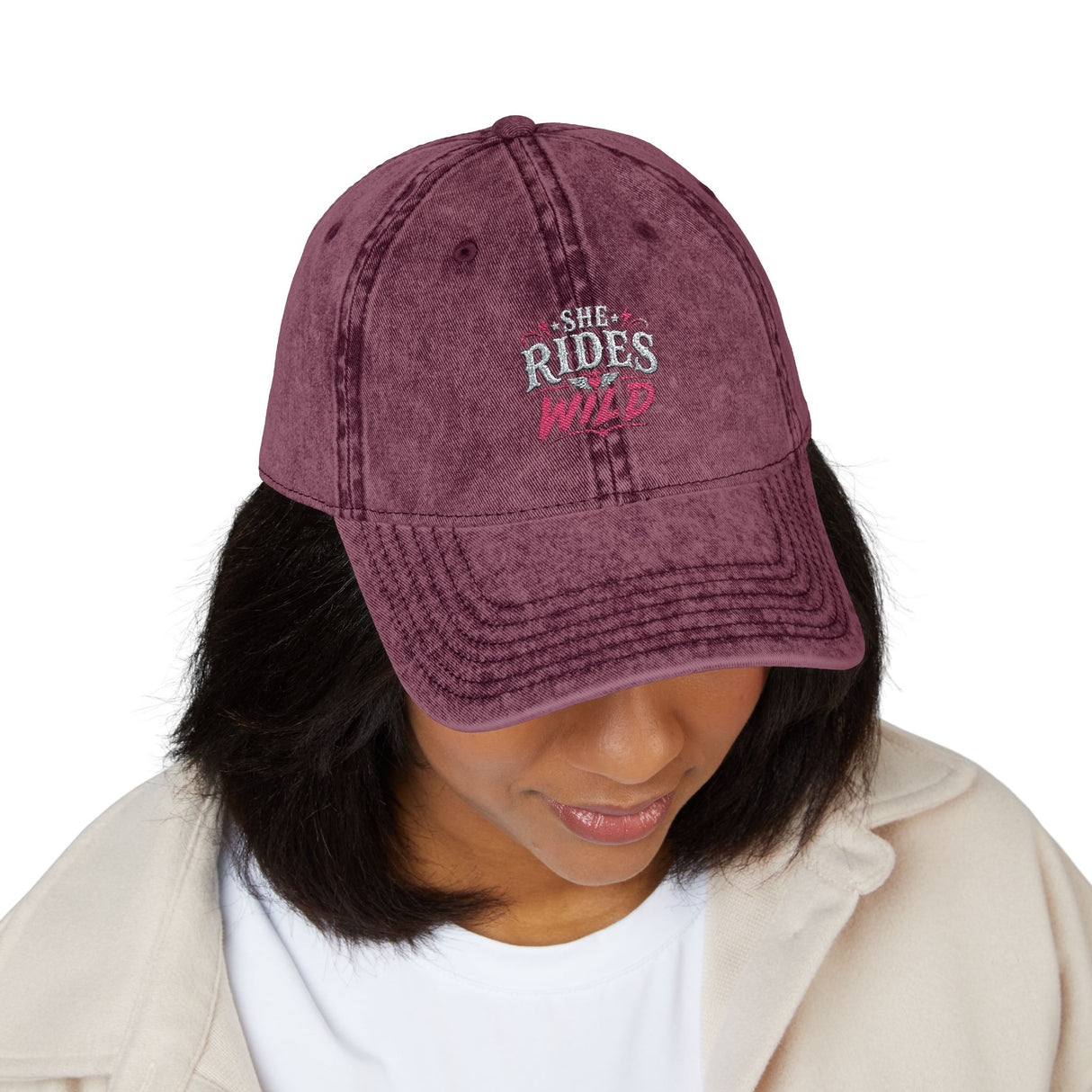 Vintage Embroidered Cap — "She Rides Wild" Retro Baseball Hat - Hats - Product View 23