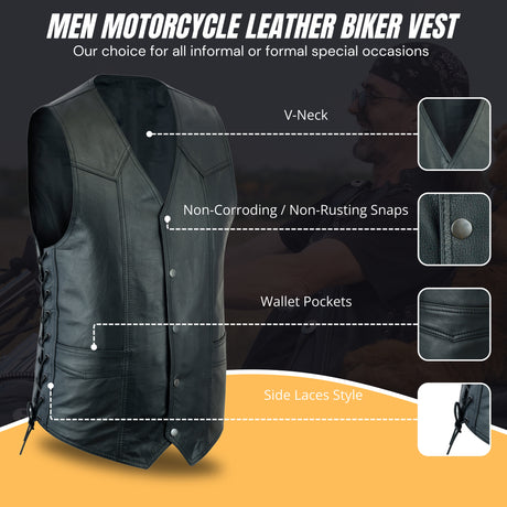 Men's Classic Side Lace, Gun Pockets Motorcycle Leather Vest.