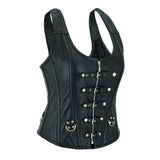 WCWV77041BLACK Bustier Halter Shoulder Straps Women's Steel Boned Gothic Punk Rock with Buckles Steampunk Corset Top Genuine Leather Clubwear