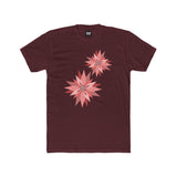 Dark red crew tee with pink and coral flower graphic on front
