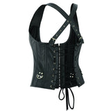 WCWV77041BLACK Bustier Halter Shoulder Straps Women's Steel Boned Gothic Punk Rock with Buckles Steampunk Corset Top Genuine Leather Clubwear