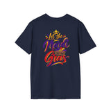 Navy T-shirt with 'Let the Mardi Gras' crown graphic on the front