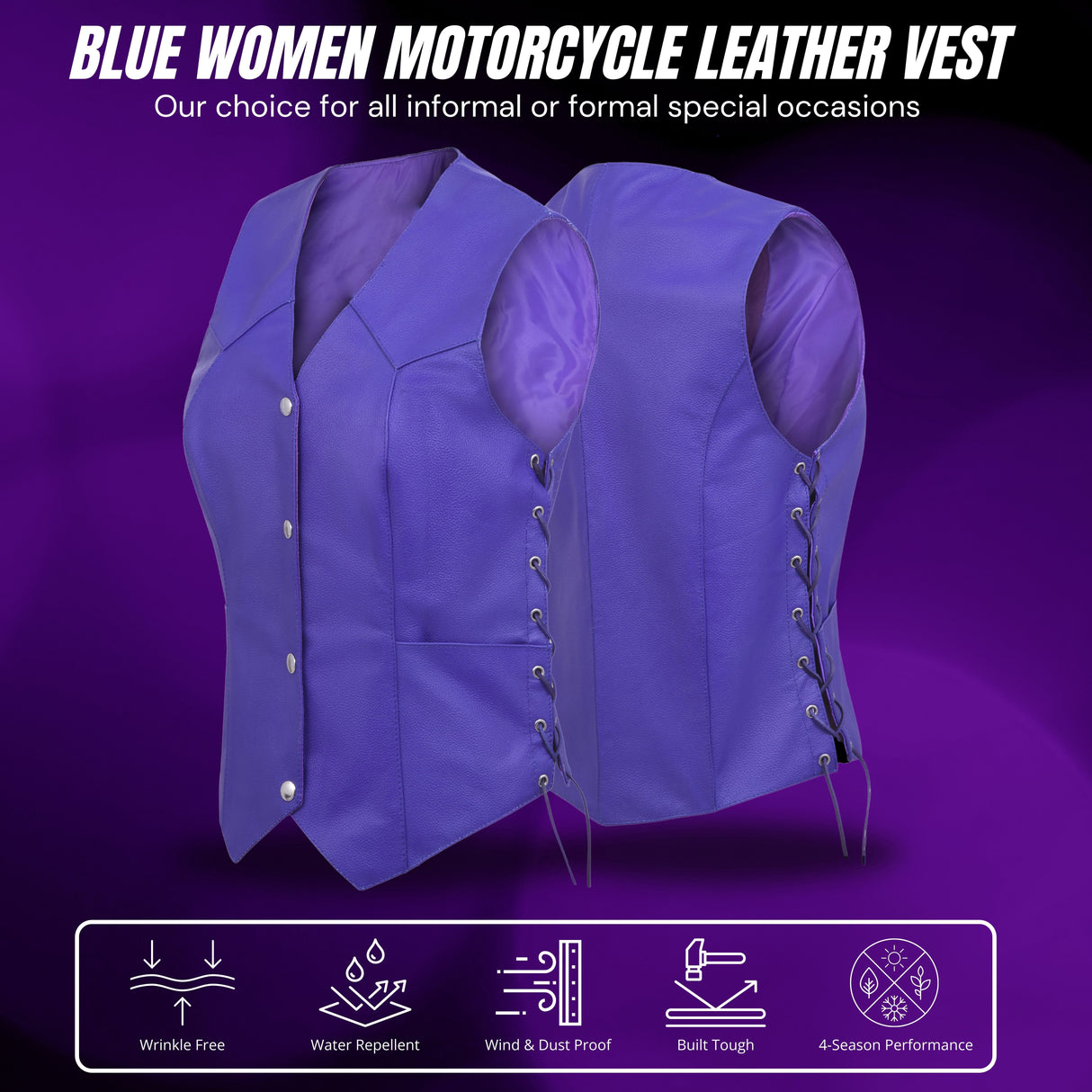 Women's Purple lace up side Motorcycle clubs Leather Vest