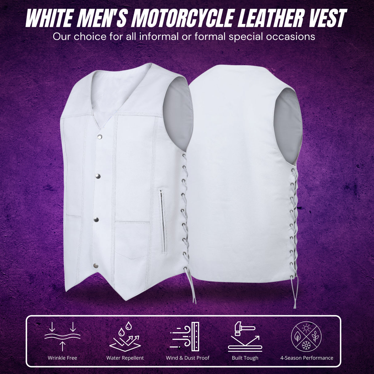 Men's Genuine White Leather 7 Pockets Motorcycle Biker Vest ANARCHY White SOA
