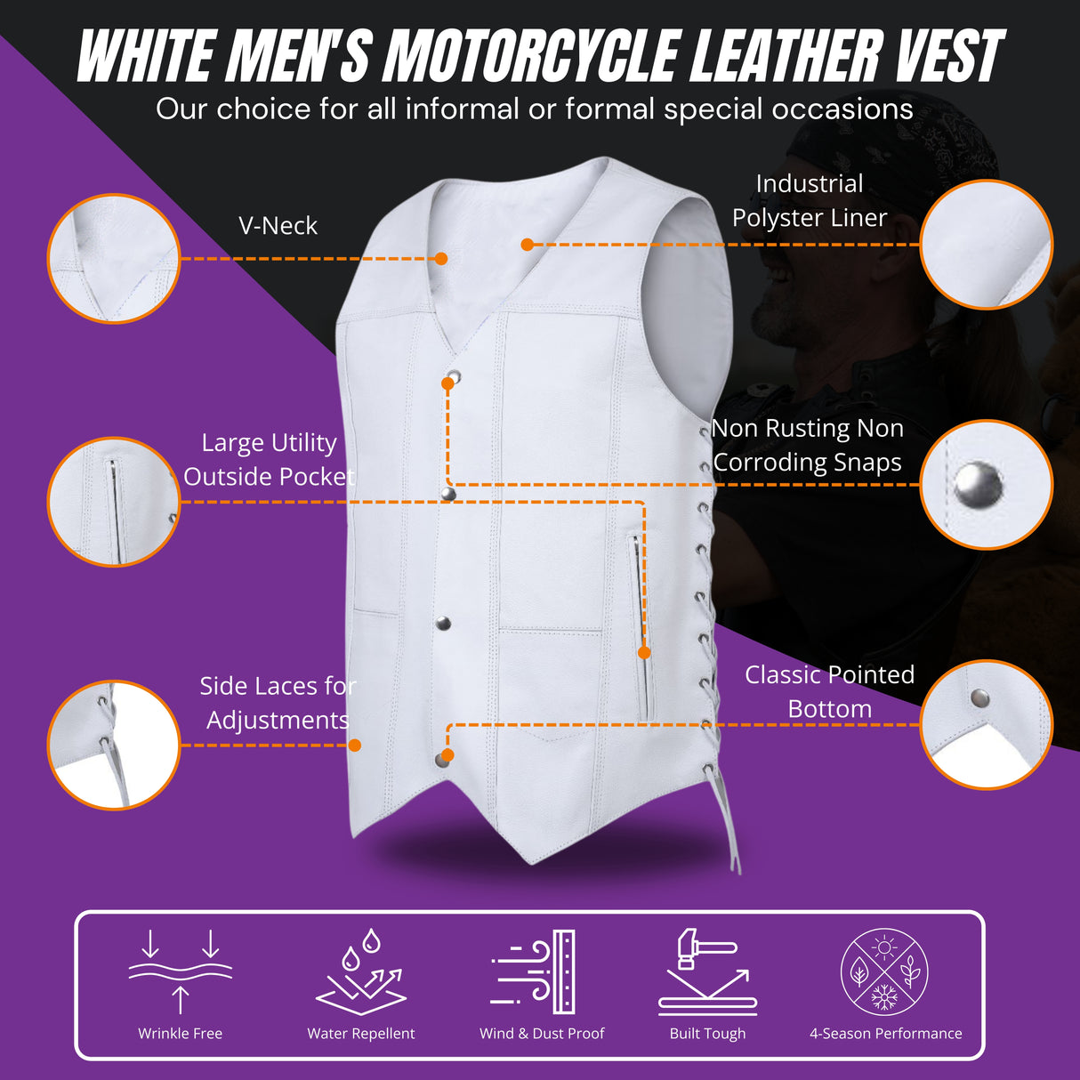 Men's Genuine White Leather 7 Pockets Motorcycle Biker Vest ANARCHY White SOA