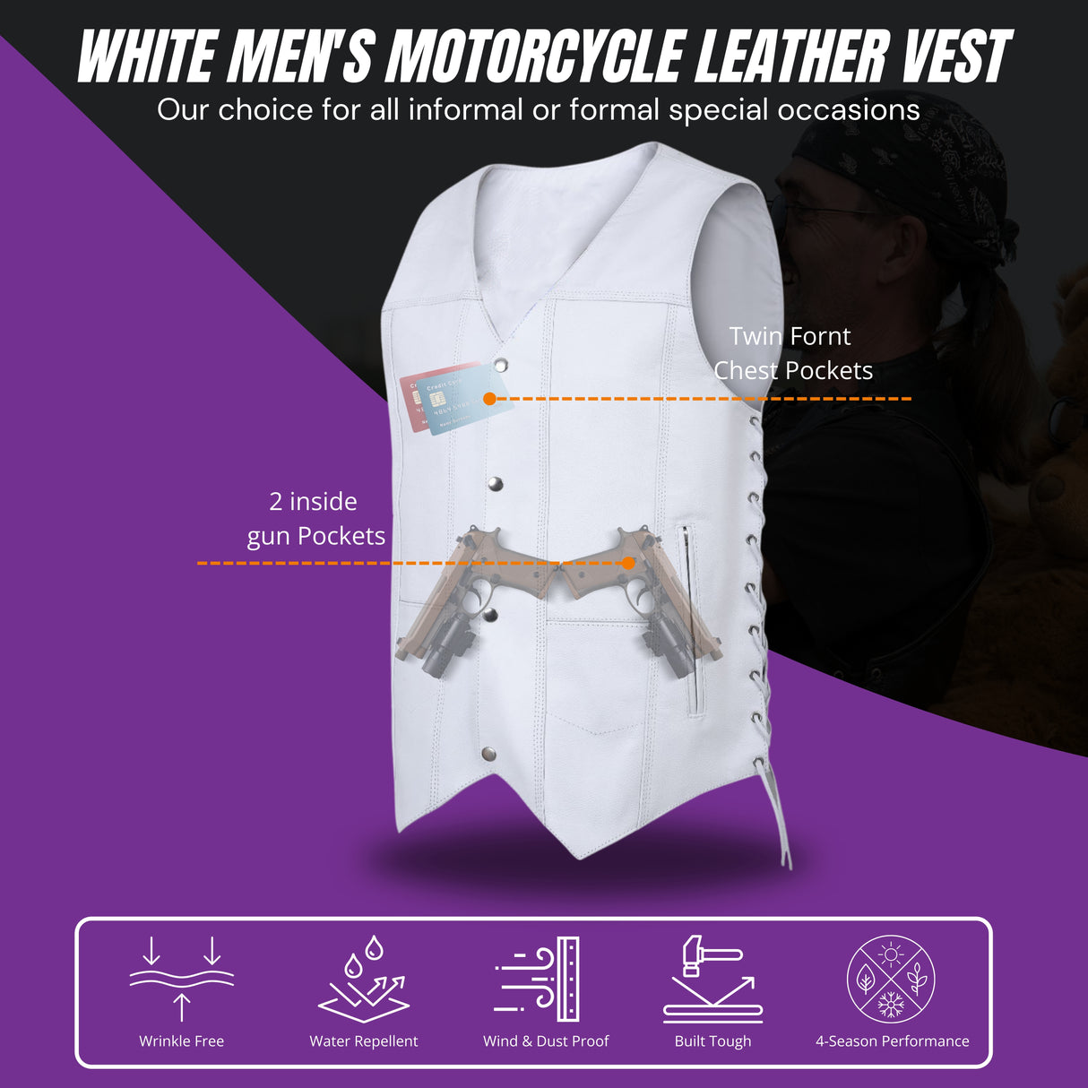Men's Genuine White Leather 7 Pockets Motorcycle Biker Vest ANARCHY White SOA