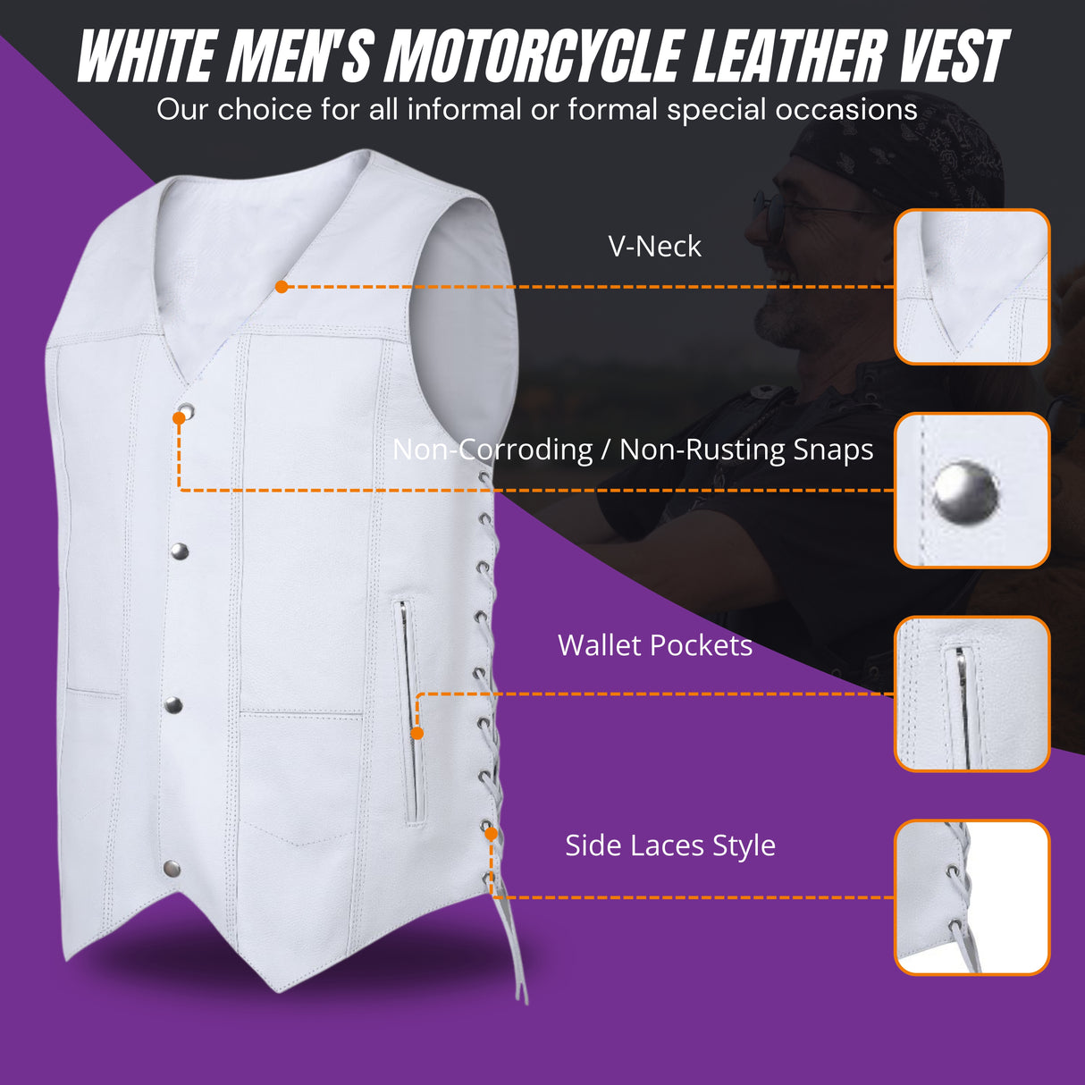 Men's Genuine White Leather 7 Pockets Motorcycle Biker Vest ANARCHY White SOA