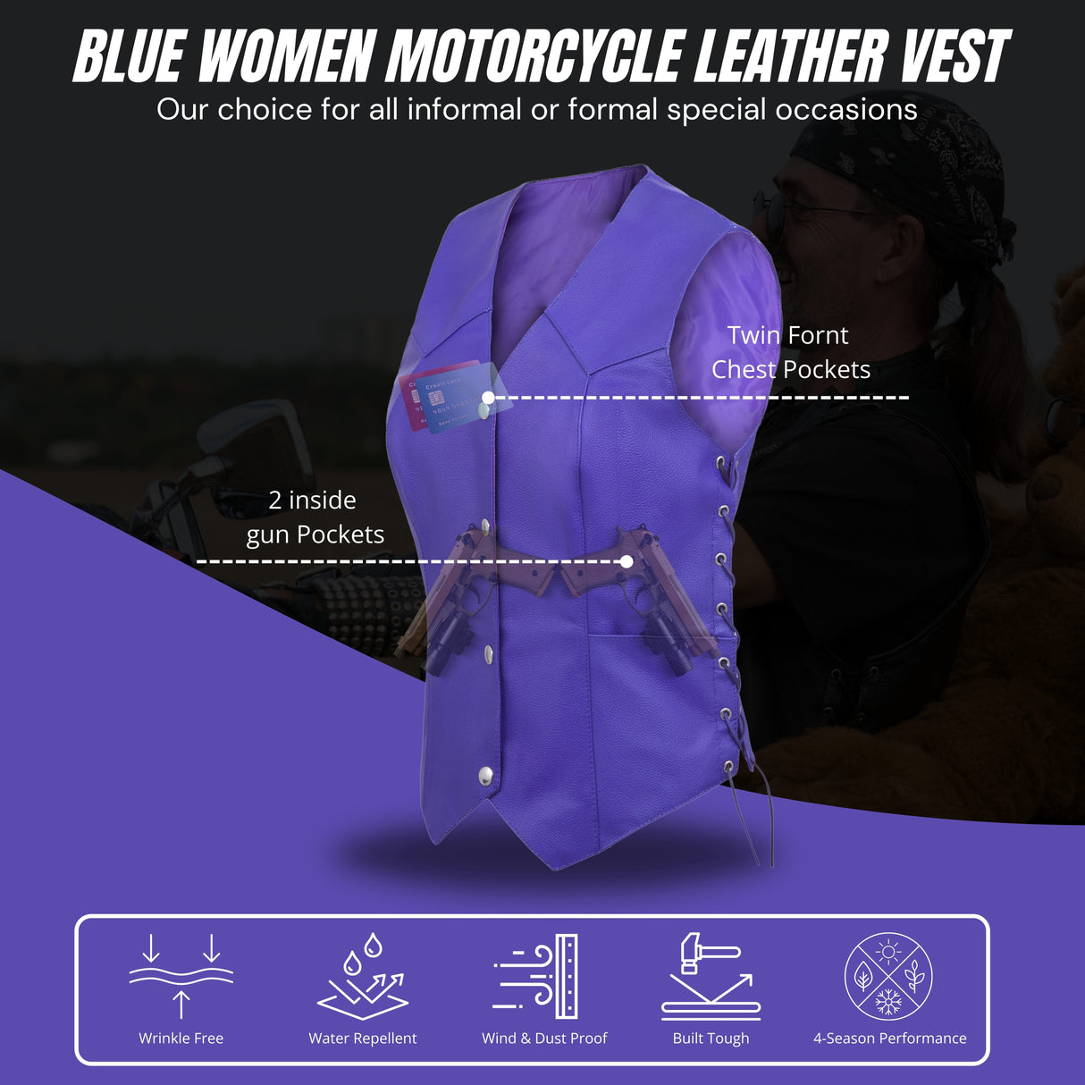 Women's Purple lace up side Motorcycle clubs Leather Vest
