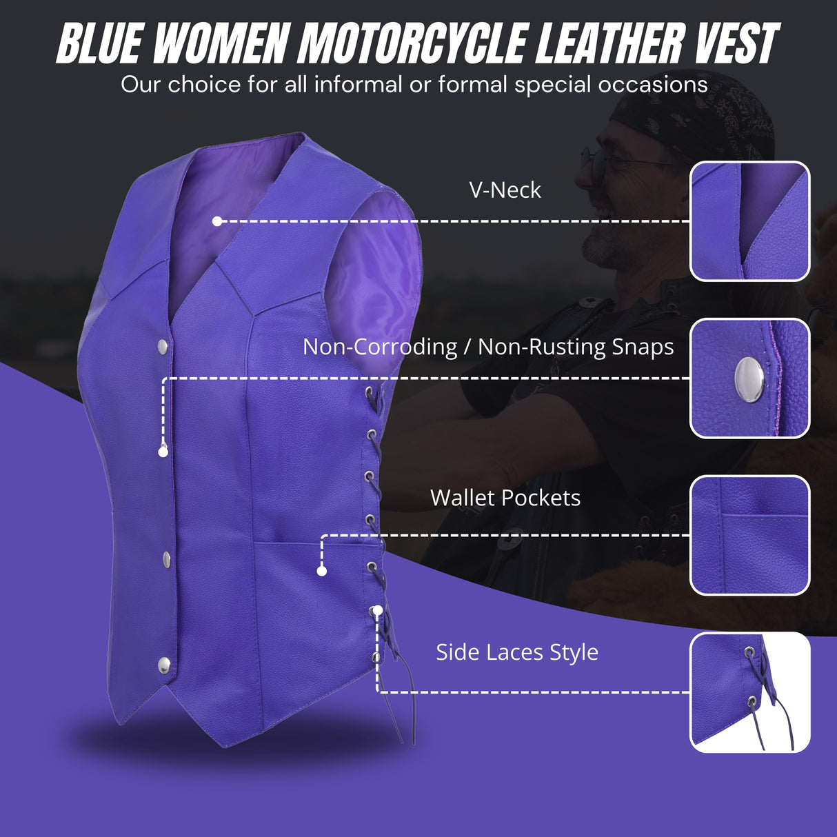 Women's Purple lace up side Motorcycle clubs Leather Vest