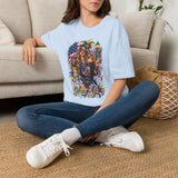 Light blue T-shirt with Mardi Gras queen graphic and American flag detail