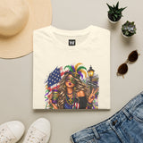 White T-shirt with Mardi Gras queen and American flag graphic on front