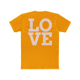 Gold crew neck tee with large LOVE graphic on the front