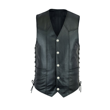 Men's Black Side Lace Basic Style Motorcycle Leather Vest.