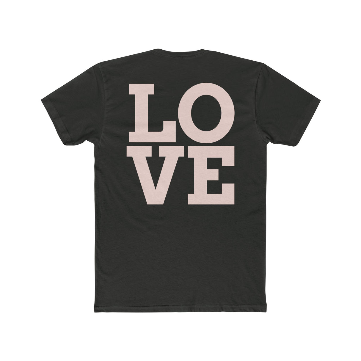 Black crew tee with large LOVE graphic on the chest.