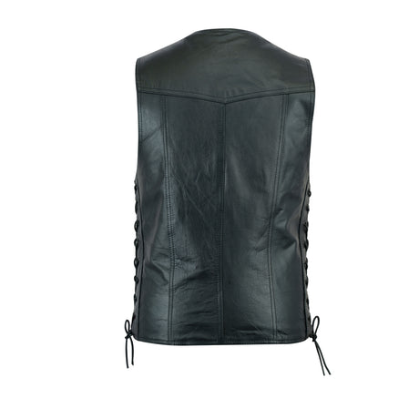 Men's Black Side Lace Basic Style Motorcycle Leather Vest.