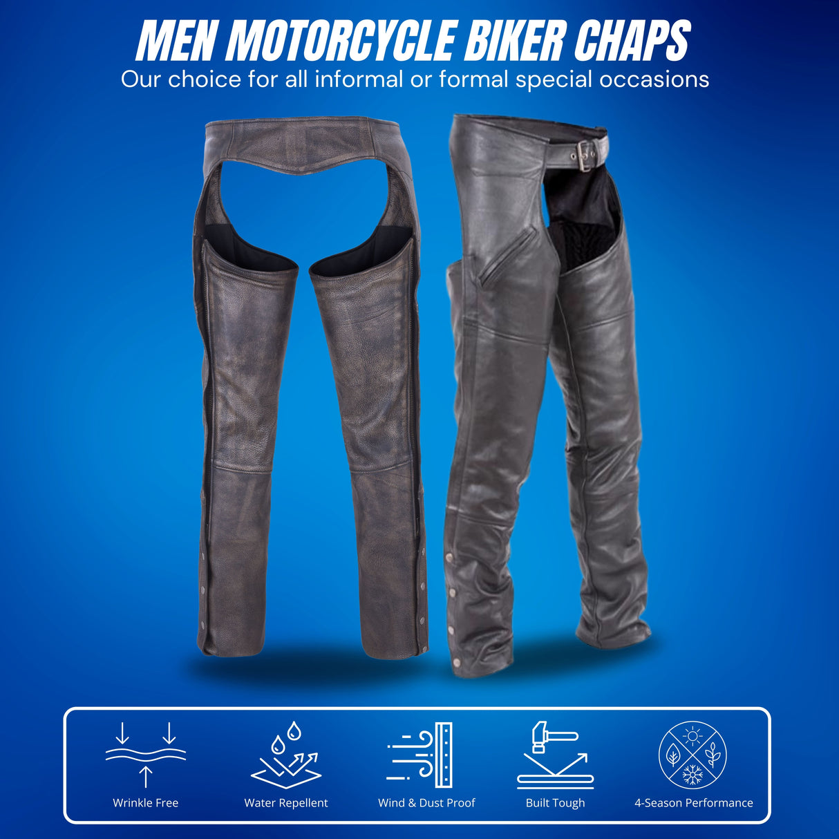 Distressed brown buffalo leather motorcycle chaps