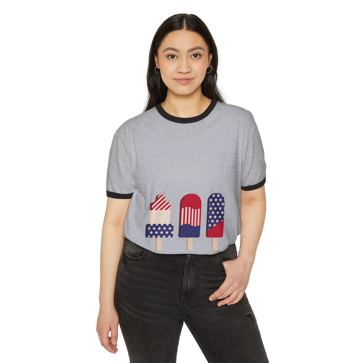 Heather grey ringer T-shirt with dark trim and patriotic popsicle graphic worn by a model