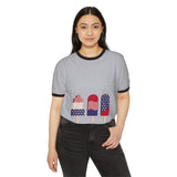 Heather grey ringer T-shirt with dark trim and patriotic popsicle graphic worn by a model