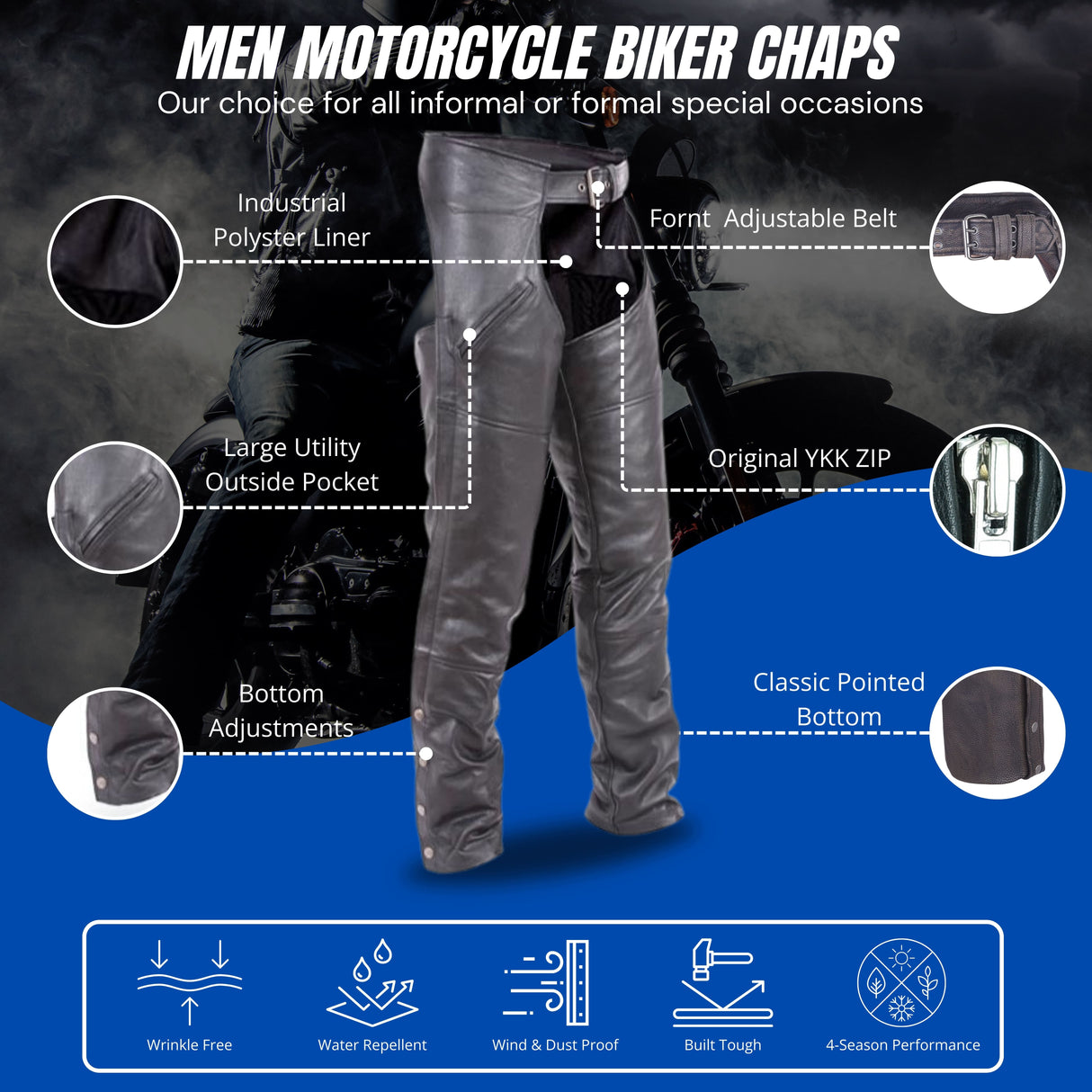 Distressed brown buffalo leather motorcycle chaps