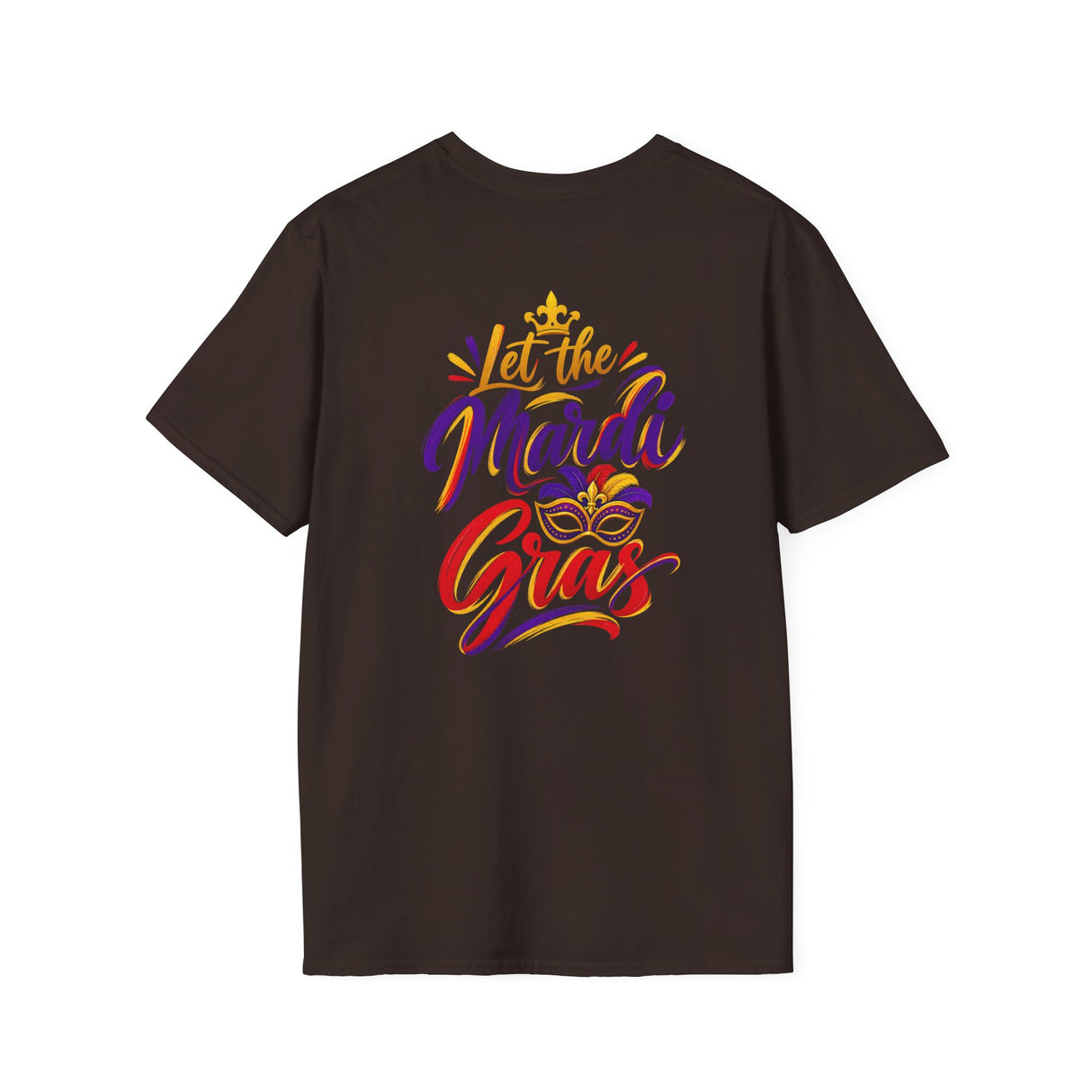 Dark brown T-shirt with colorful "Let the Mardi Gras" crest logo